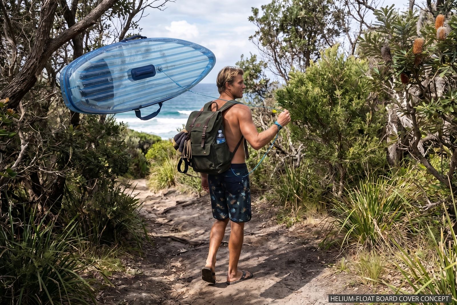 A surfer carrying a translucent, helium-filled board cover concept along a coastal bush trail