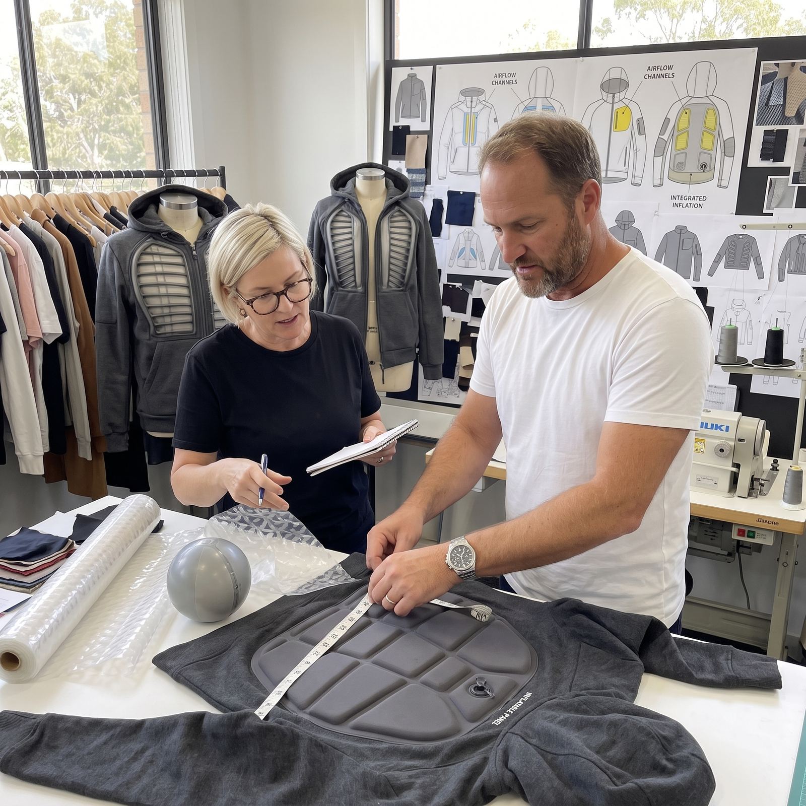 An inflatable panel fitted into the back of a hoodie prototype, being measured on the workbench