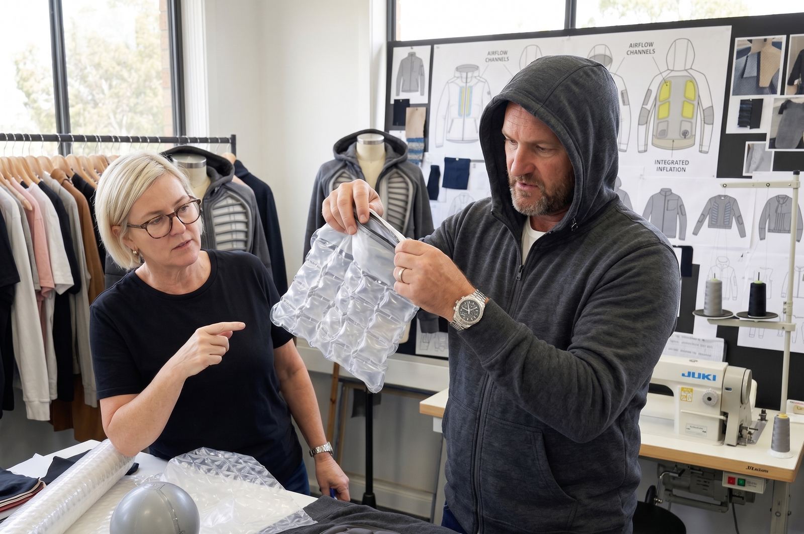 Reviewing a clear inflatable panel sample against the hoodie concept boards, mannequins with early hoodie prototypes behind