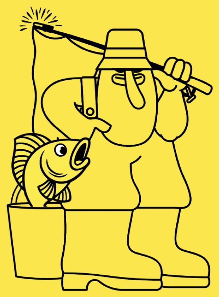 The Rod Tip cartoon angler mascot, holding a glowing rod tip with a fish jumping from his bucket