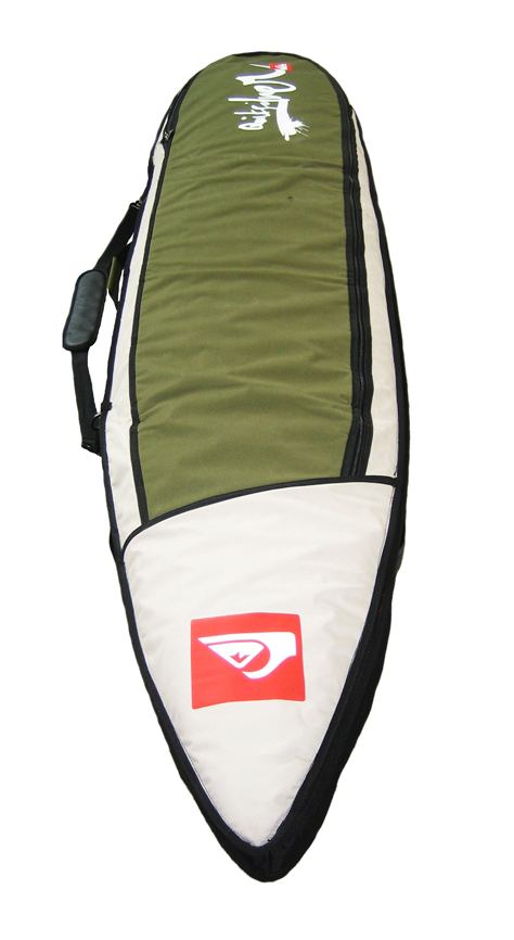 An early board bag design in olive and white with a shoulder strap