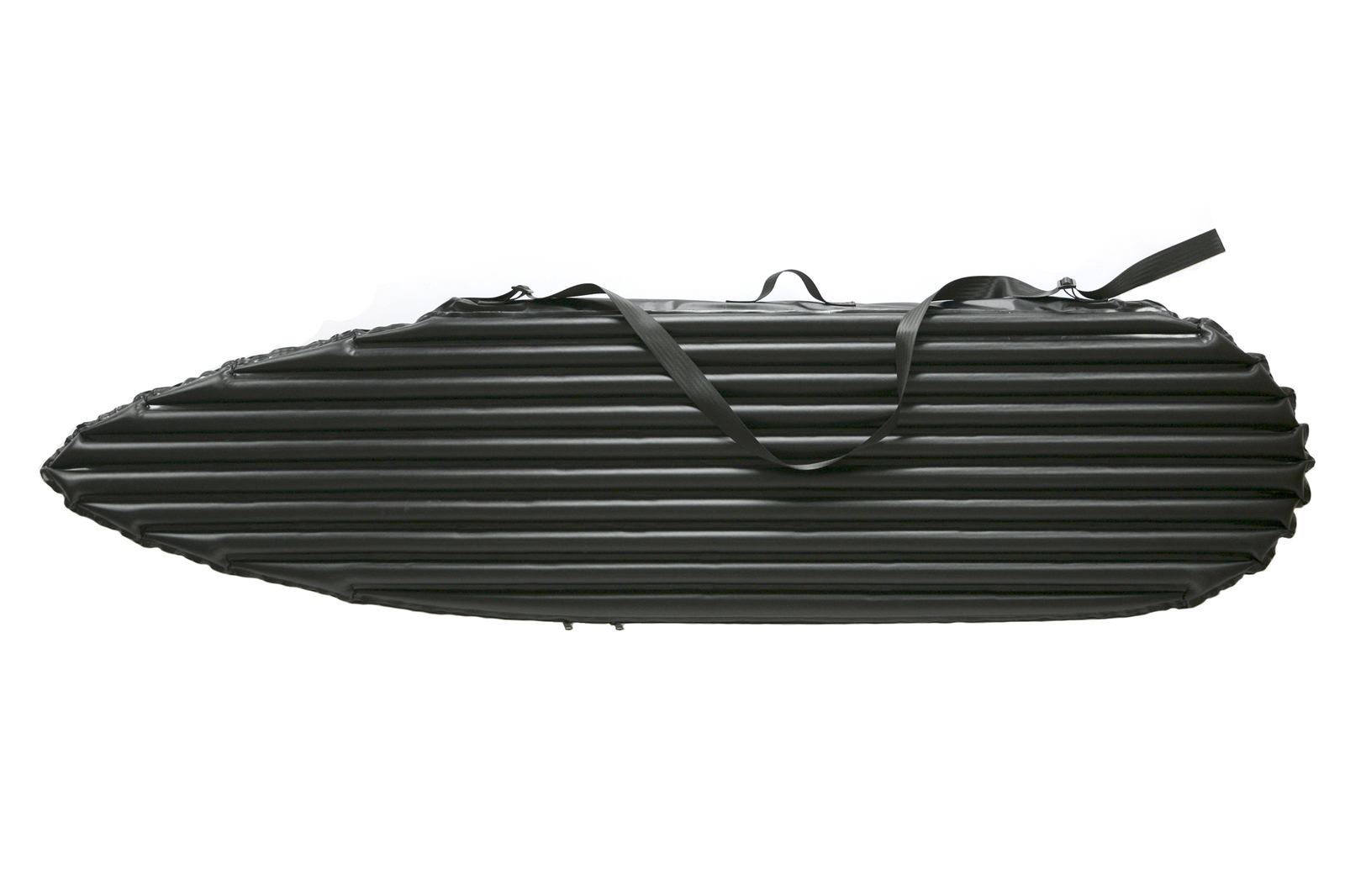 The inflatable surfboard cover prototype, pleated black panels shaped like a board bag