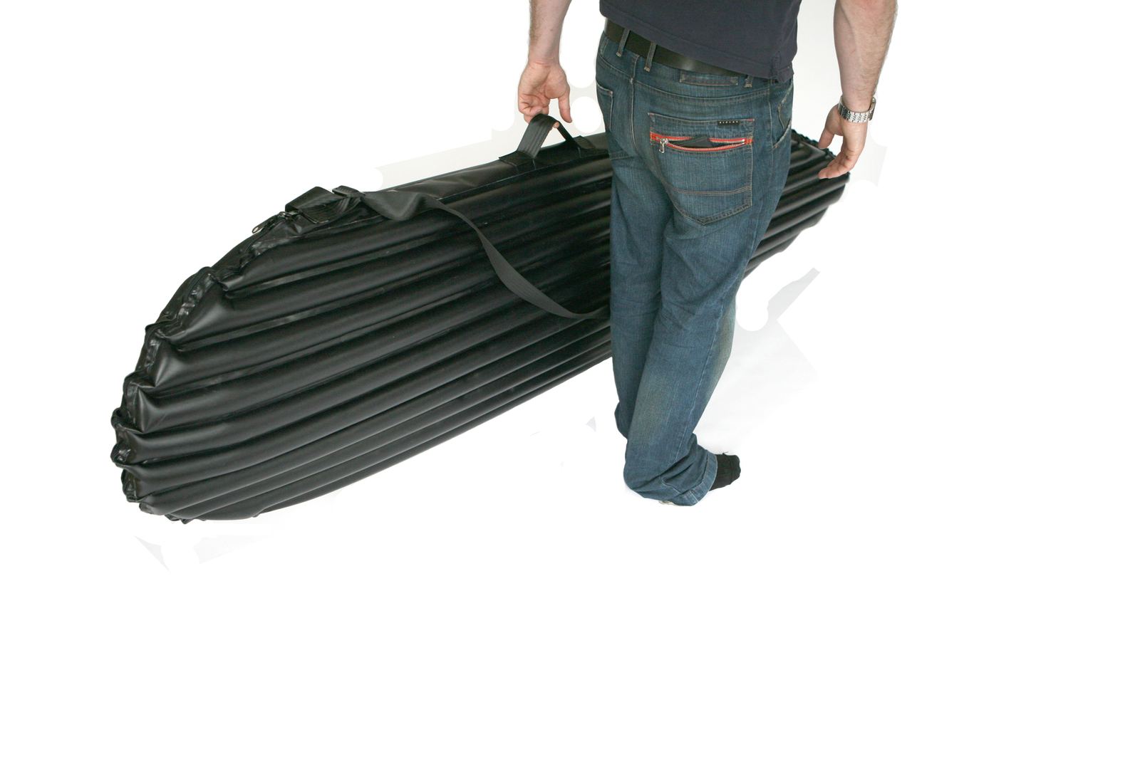 Walking with the inflated cover slung over the shoulder
