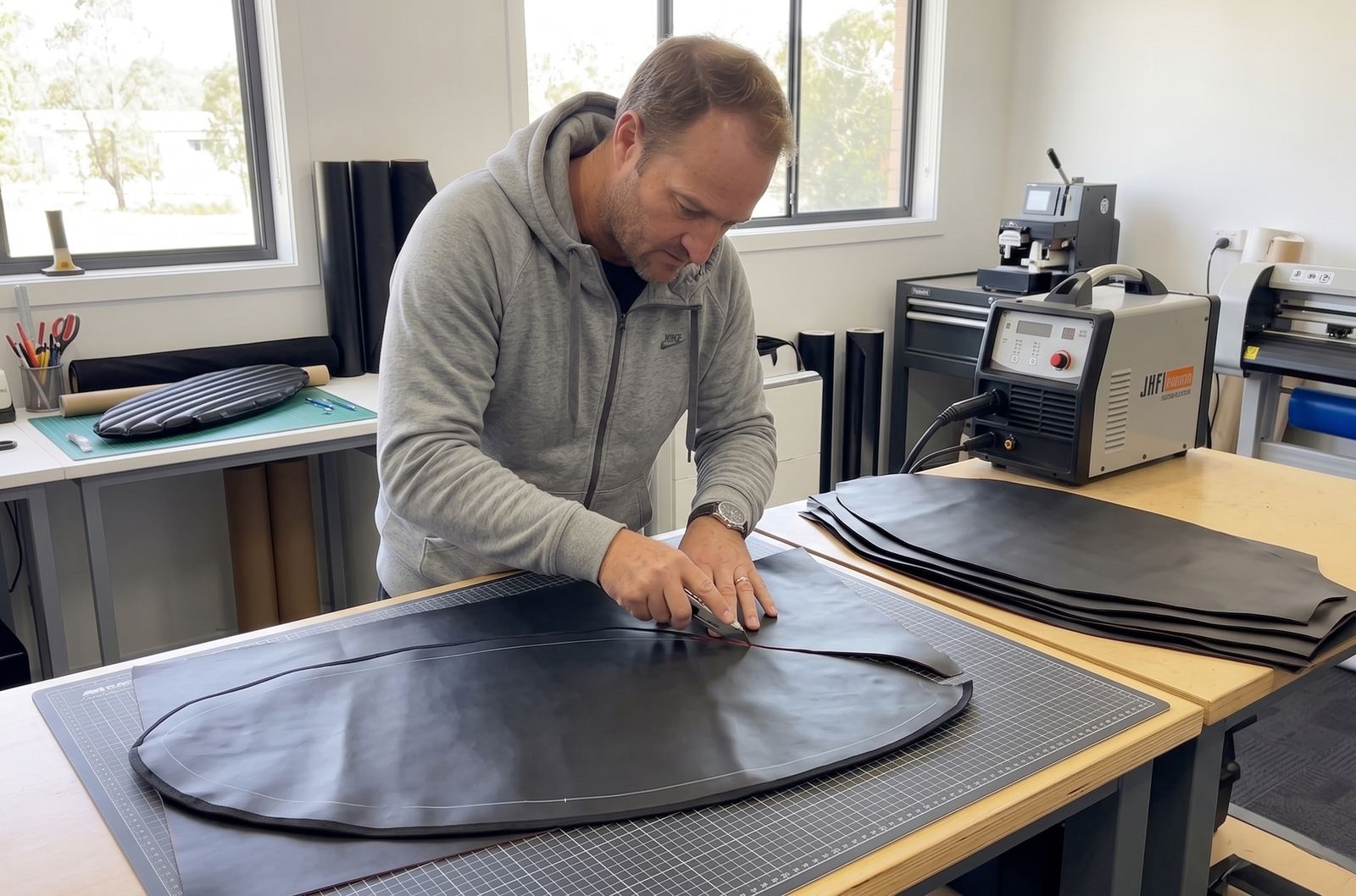 Nicco hand-cutting a curved cover panel from black material, with an inflated prototype visible on the workbench behind him