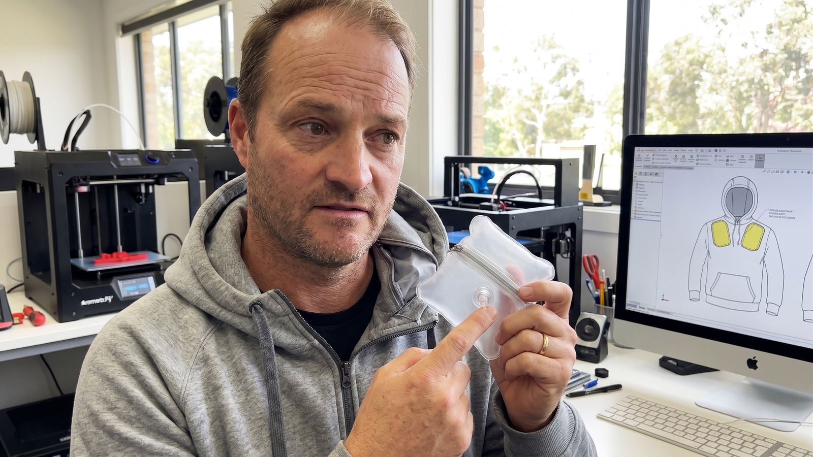 Nicco holding a small inflatable valve sample, with a panel CAD drawing on the screen behind him
