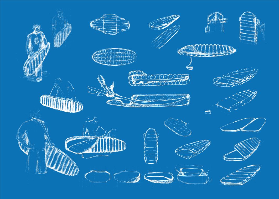 A sheet of concept sketches exploring board and bag silhouettes for the inflatable cover